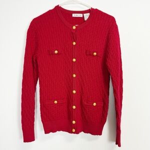 Talbots Sweater Womens Small Red 100% Merino Wool Gold Button Cardigan Knit